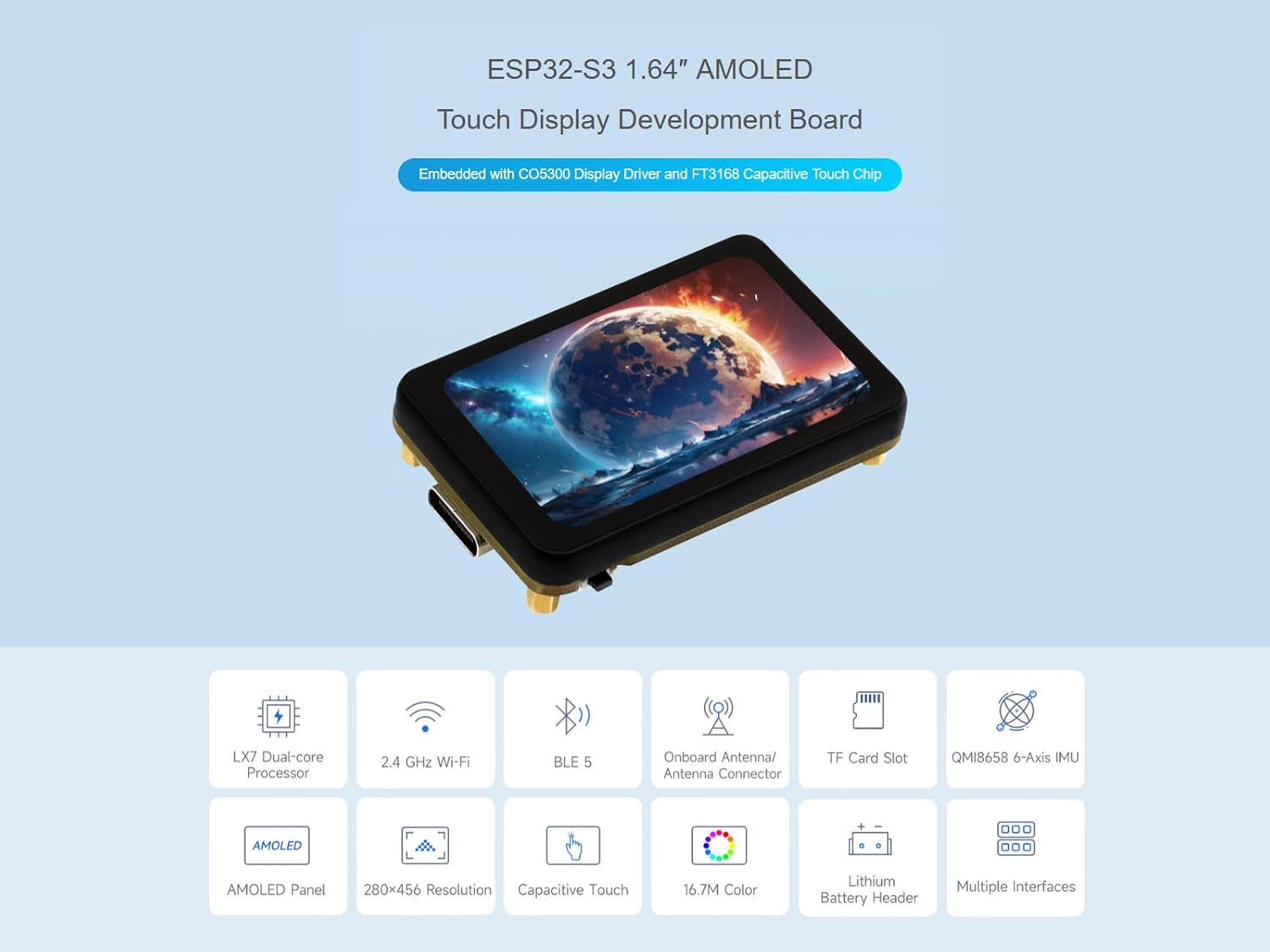 ESP32-S3 1.64inch AMOLED Touch Display Development Board, 280×456 Resolution, 16.7M Color, QSPI Interface, Wi-Fi and BLE-5 Support, Onboard 6-Axis IMU, TF Card Slot, USB, UART, I2C, etc.