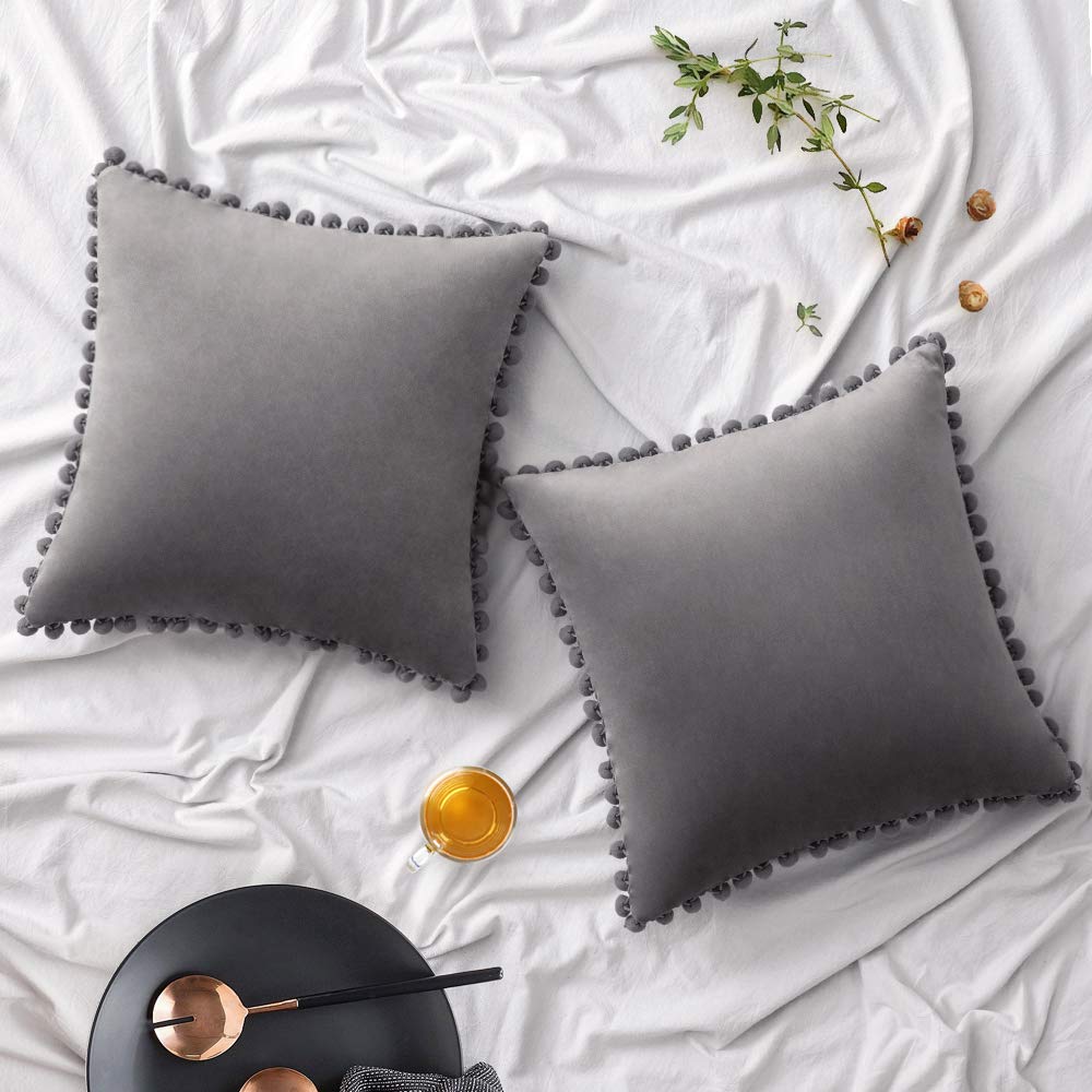 Woaboy Velvet Throw Pillow Covers Pom Decorative Pillowcases Solid Soft Square Cushion Covers with Poms Modern for Couch Living Room Sofa Bedroom Car 2 Pieces 26x26inch 65x65cm Grey