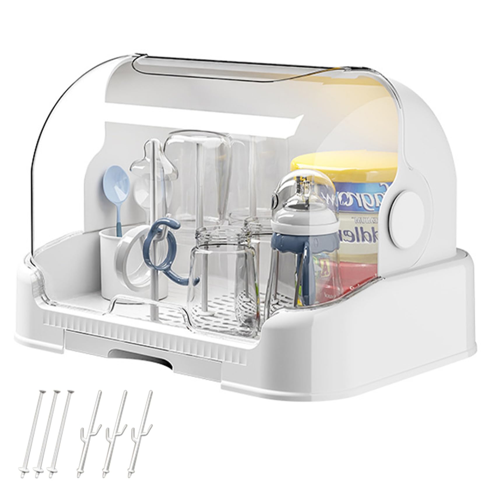 Rangement de biberon, Grand Organisateur de biberon avec Couvercle ＆ Plateau vidange Amovible, Porte-séchage Portable à poussière pour Armoire Cuisine, Organisateur