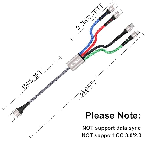 Miniatura 3 de SIQIWO Cable de carga múltiple 2 unidades de 3A 4 pies, cable de carga rápida USB trenzado 4 en 1 de nailon con 2 conectores LightningMicro USBtipo