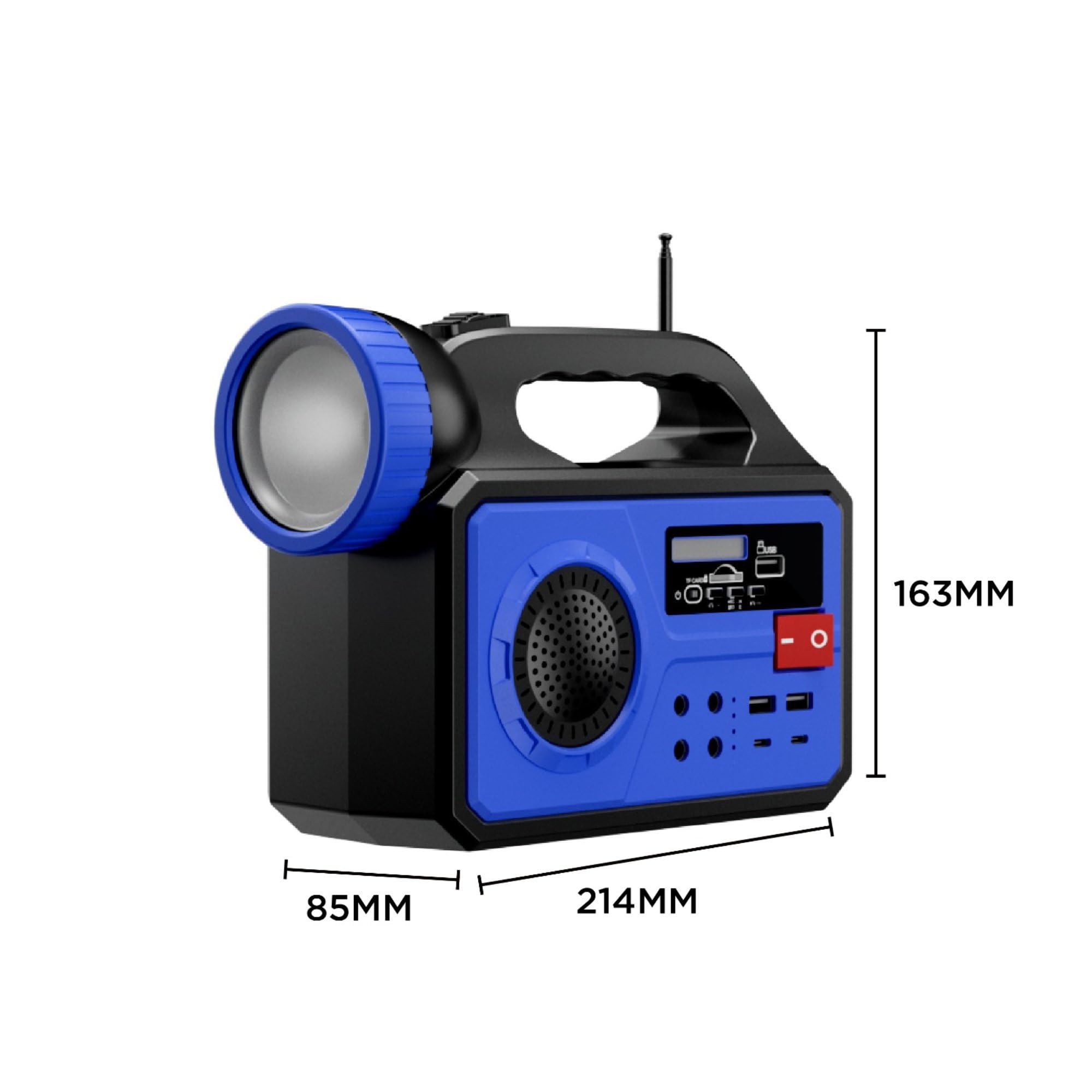 Sistema de Iluminación Solar Portátil con Panel 12W, Linterna LED, 3 Bombillas Externas, Radio FM, Bluetooth, Power Bank 25000mAh, Dimensiones 214x85x163mm