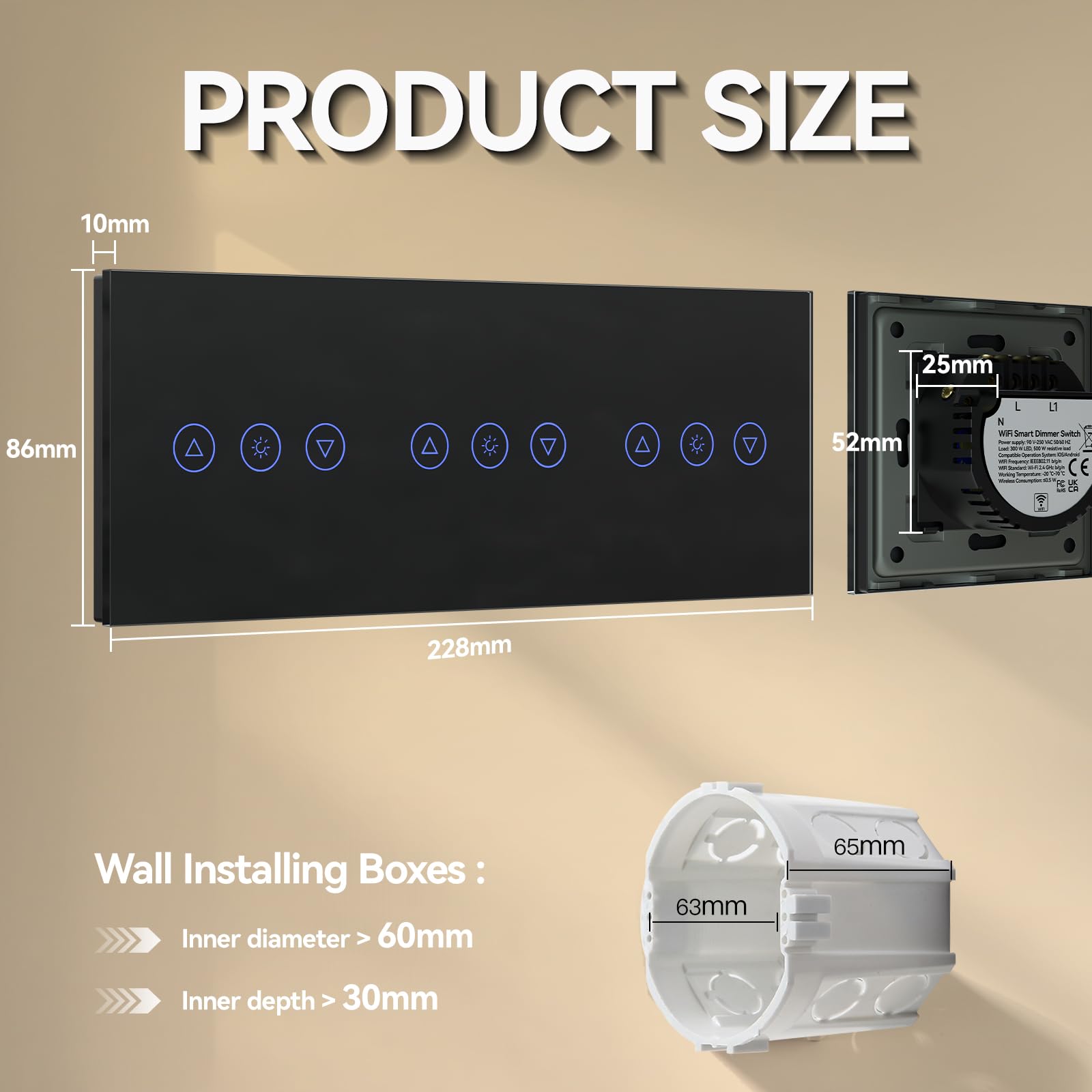 BSEED Interruptor de luz inteligente Alexa de 3 niveles, compatible con Tuya/Google Home/SAMRT LIFE blanco, regulador de intensidad triple con panel táctil negro, mando a distancia por aplicación y