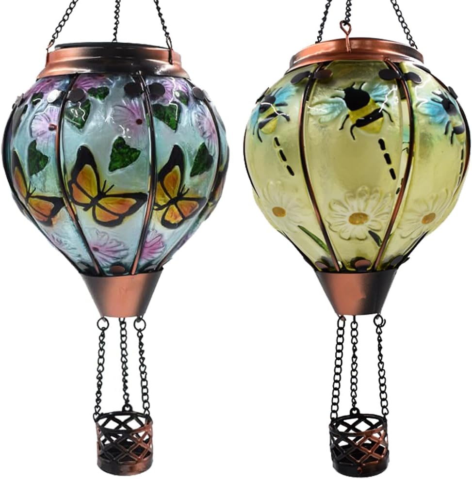 2PCS TEYIGARDEN Butterfly + Bee Hot Air Balloon Solar Lanterns with Flickering Flame Light Glass Solar Powered Hot Air Balloon Lamp Waterproof Hanging Outdoor Solar Lantern