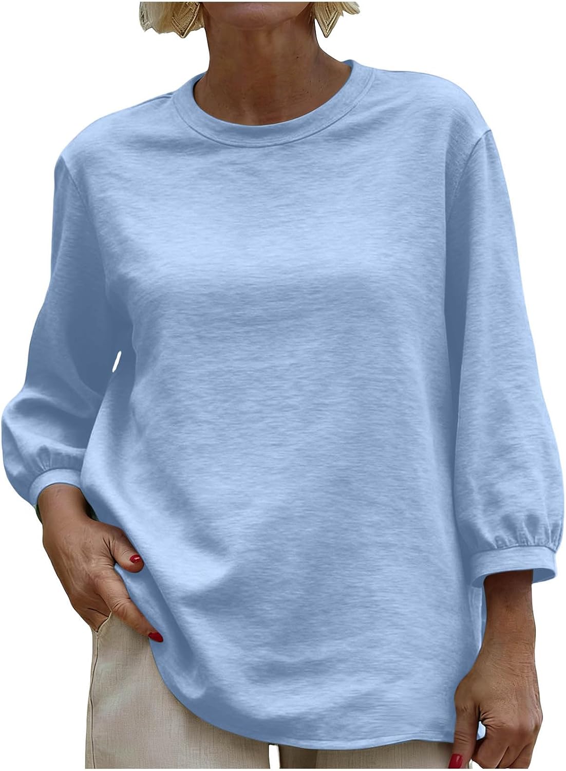Going Out Tops for Women's 3/4 Puff Length Sleeves Crewneck Solid Color Baggy Comfy Casual T-Shirts Blouse Top