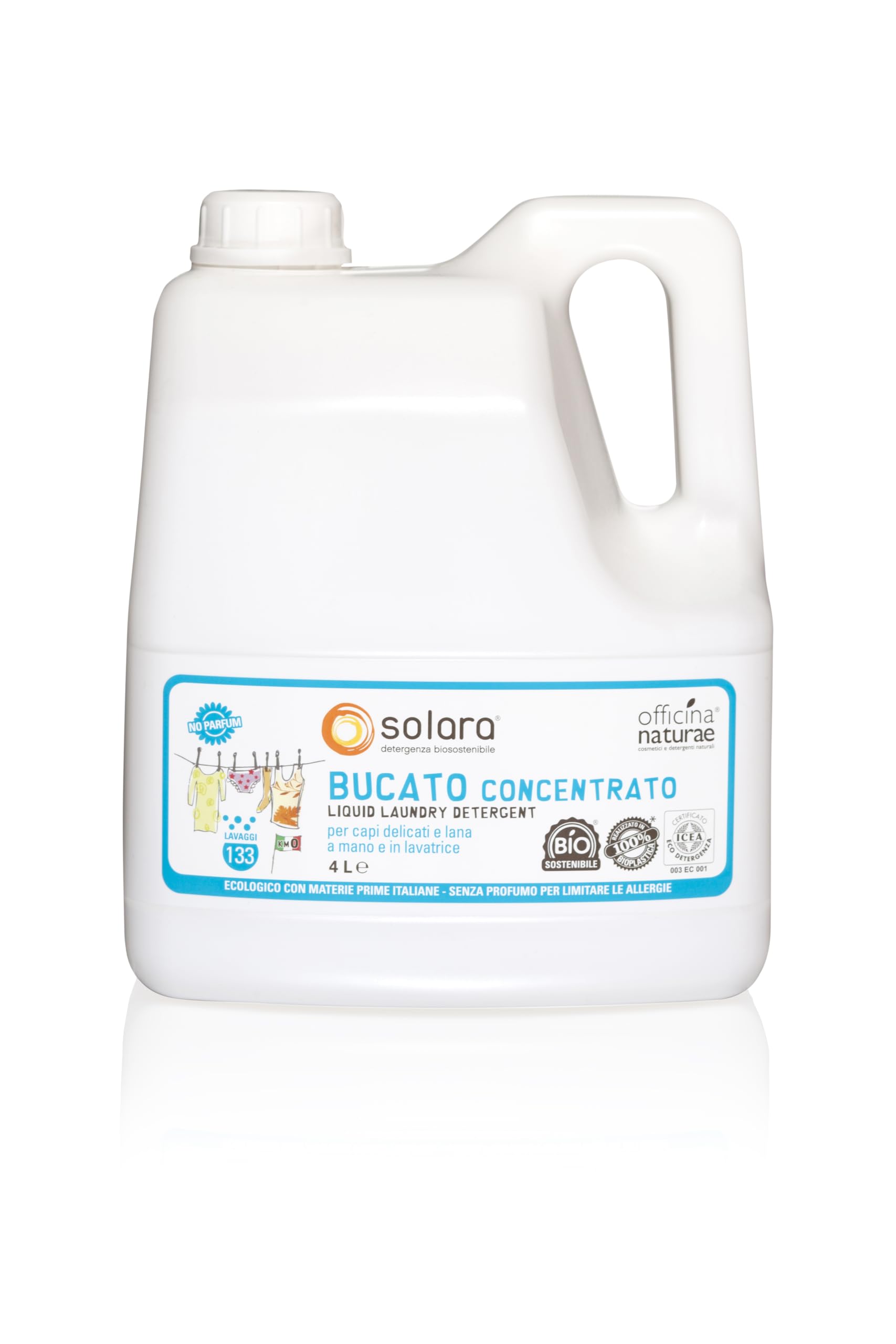 Officina Naturae | Solara Detersivo Bucato Ecologico Liquido Senza Profumo, a Mano o per Lavatrice, Flacone in Bioplastica 4L
