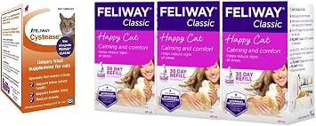 Feliway Cystease, for stress-related bladder problems in cats - 300 Capsules & Classic 30 day Refill x3 Value Pack Classic comforts cats, helps solve behavioural issues and stress - 48ml x3