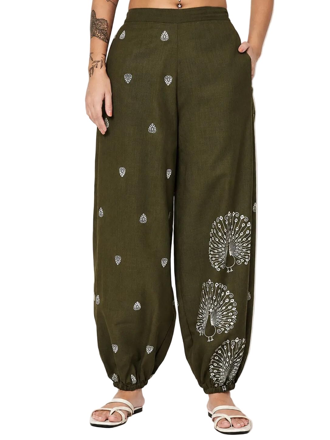 Indo Era Women's Cotton Print Pocket Trouser Salwar Jogger Trousers for Casual Evening FusionWear in neutral