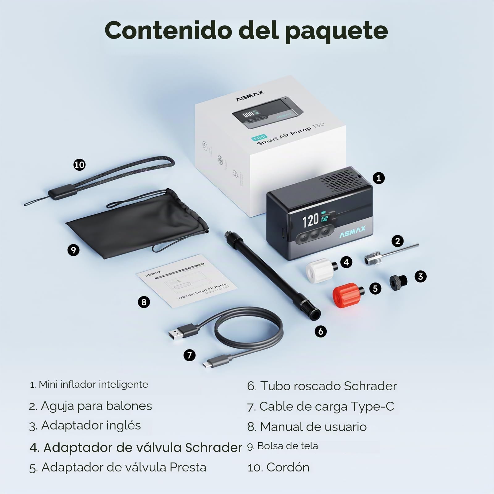 ASMAX T30 Mini Bomba de Bicicleta, 120 PSI,Válvula Schrader y Presta | Inflador Electrico Bicicleta, Pantalla LCD, Batería Recargable, Apagado Automático, Bolsa de Almacenamiento