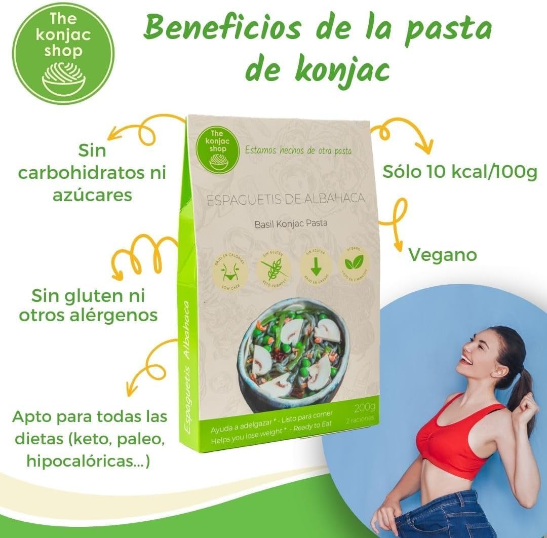 The Konjac Shop - Espaguetis Konjac de Albahaca 270g Sin Gluten Bajo en Calorías y Carbohidratos Ideal para Dietas Keto y Veganas (Pack de 5)