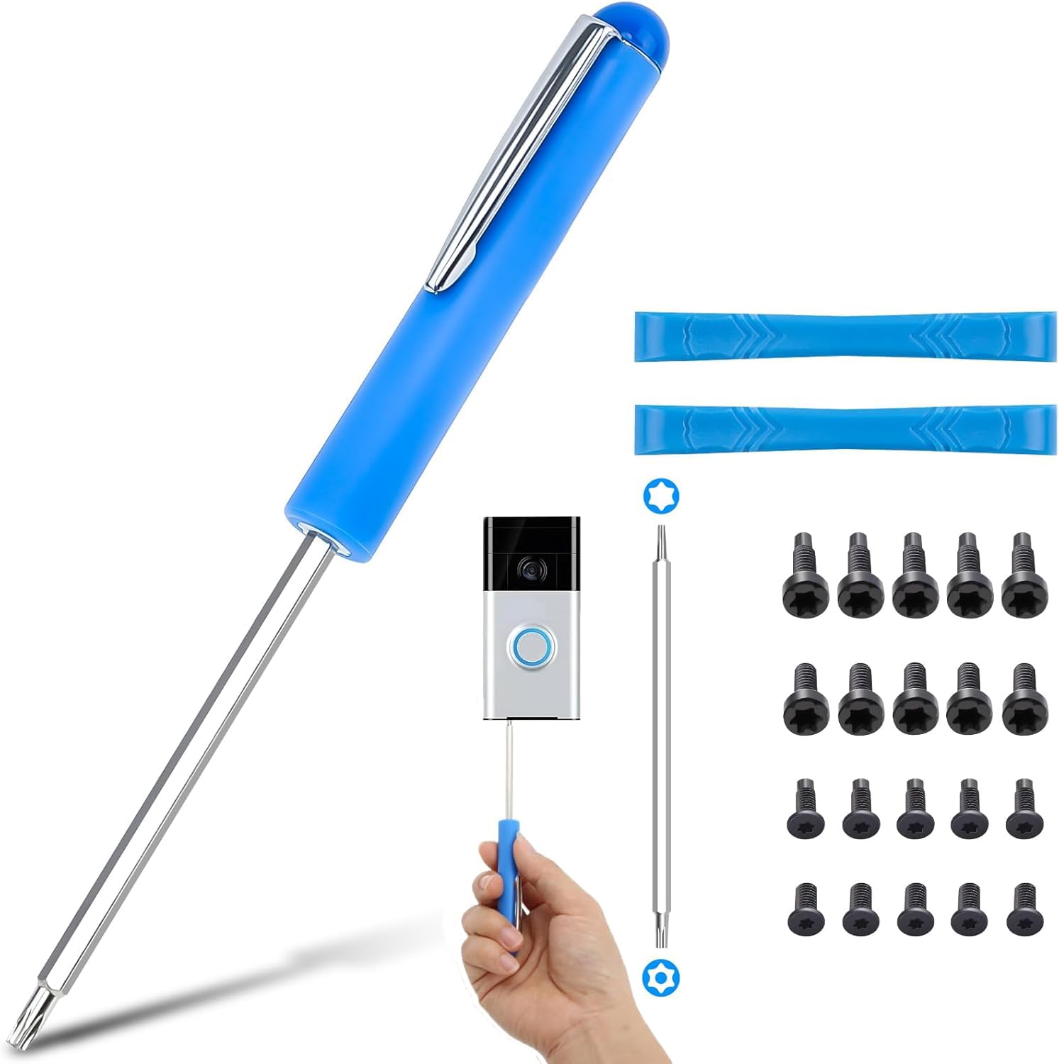 Photo 1 of Screwdriver Bit Set for Video Doorbell, Doorbell Sews Rplacement & WiFi Password Reset and Battery Change, Double-Ended T6 T15 Screwdriver with 20Pcs Fits for All Doorbell Models (Blue)