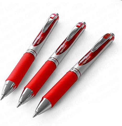 EnerGel RTX Retractable Liquid Gel Pen, (0.7mm) Metal Tip, Medium Line, Red Ink, 3 Pack