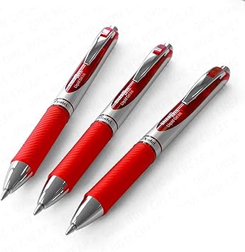 EnerGel RTX Retractable Liquid Gel Pen, (0.7mm) Metal Tip, Medium Line, Red Ink, 3 Pack