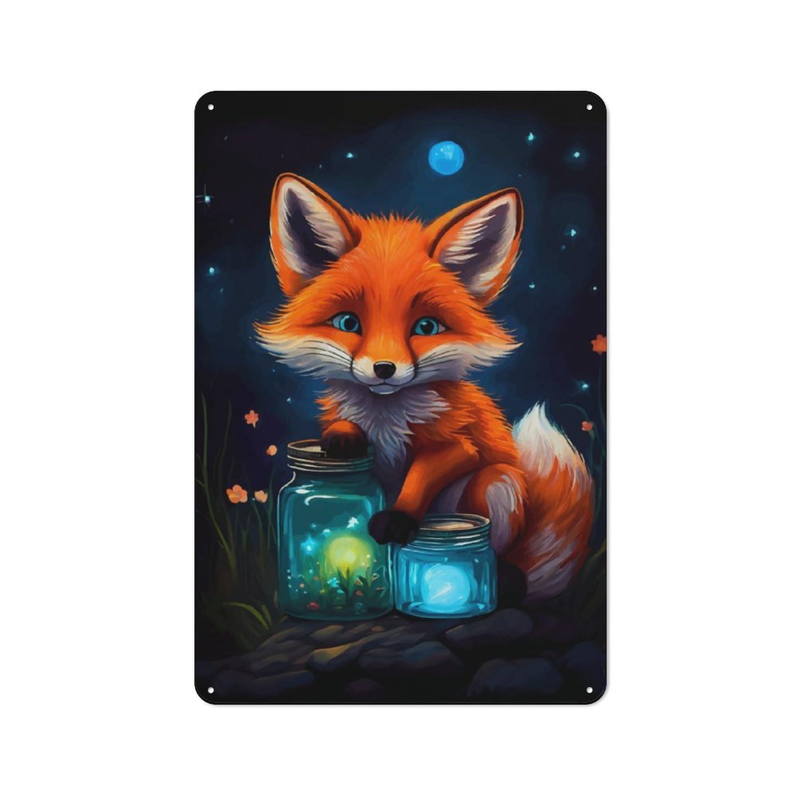 Junmoney Cute Fox Luminous Glow Vintage Metal Plaque 30X20cm Featuring For Garage Wall, For People Furnishing A Garage