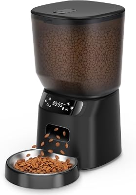 Automatic Cat Feeder, Cat Food Dispenser with Stainless Steel Bowl, Timed Portion Control 20 Portions 6 Meals Per Day, Voice Recorder, Dual Power Supply for Small Dogs