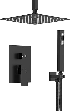 10 Inch High Pressure Rainfall Shower System with Handheld Spray, Ceiling Mount Bathroom Shower Faucet Set with Valve Matte Black | High-Pressure, Handheld Spray, Bathroom Shower Faucet Set, With Valve
