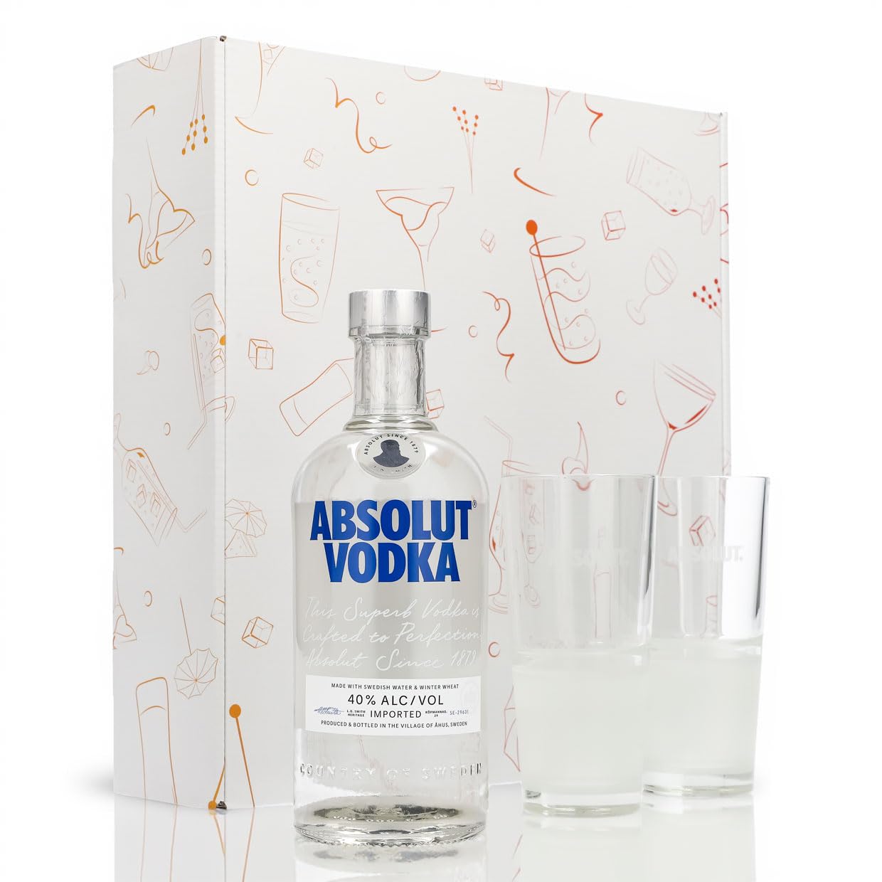 Sipply Geschenkset 3-teilig mit 2 Gläser Frosted und 1 Flasche Absolut Vodka 0,7l 40% Vol. | mit Geschenkverpackung: Weiß | Geschenk für Frauen Männer Mama Papa Freundin zu Weihnachten Ostern