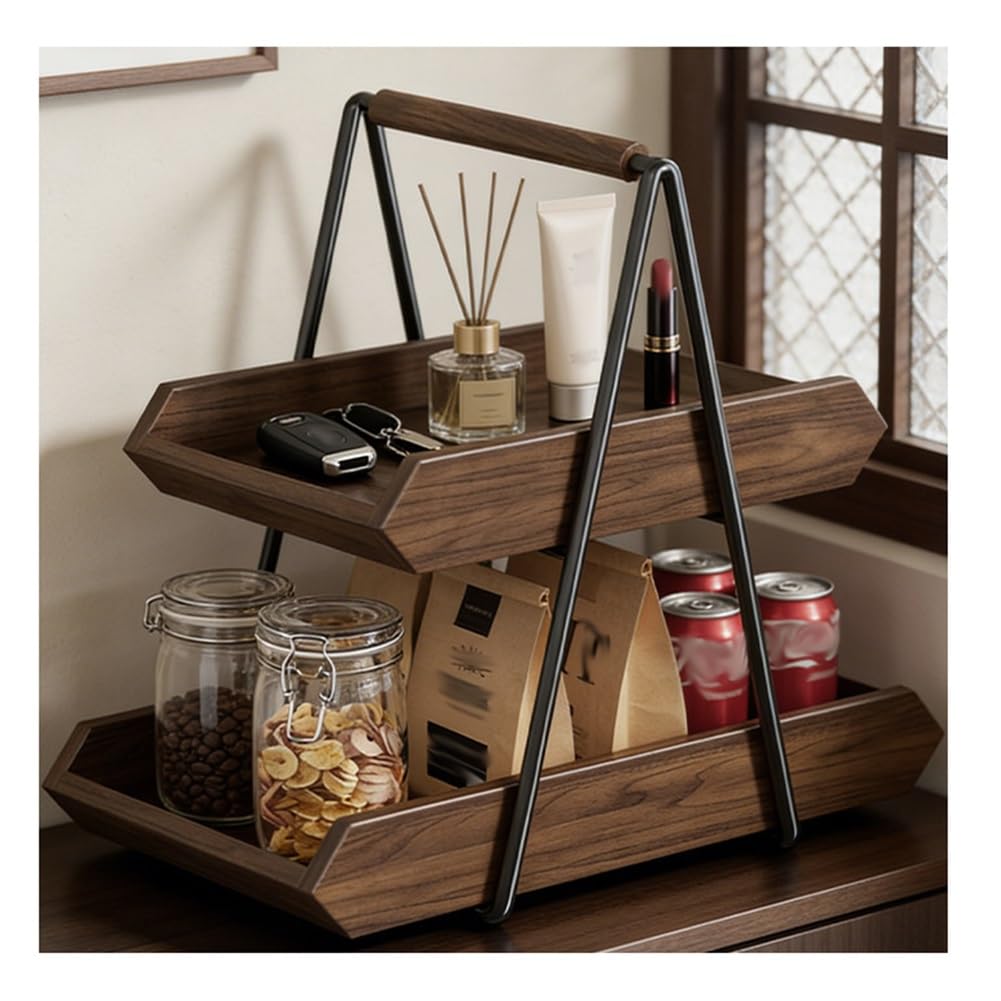 zktoermn Rustikales braunes Arbeitsplattenregal, 2-stufiges Tischregal, Gewürzregal aus Holz mit seitlichen Schutzleisten für Esszimmer & Küche(32x23x35cm)