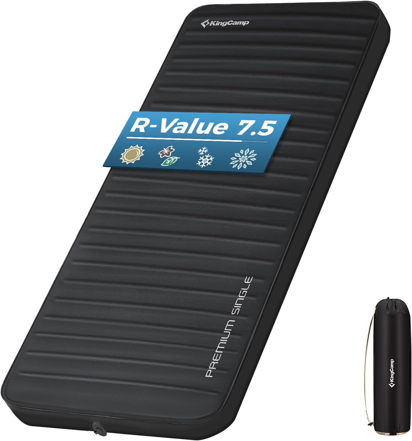 KingCamp PREMIUM SINGLE Self Inflating Sleeping Pad, 7.5 R-Value Air & Foam Camping Mattress, 3" Thick Insulated Sleeping Pad with Pump Sack for Car Camp Tent, PVC Free, Single Black