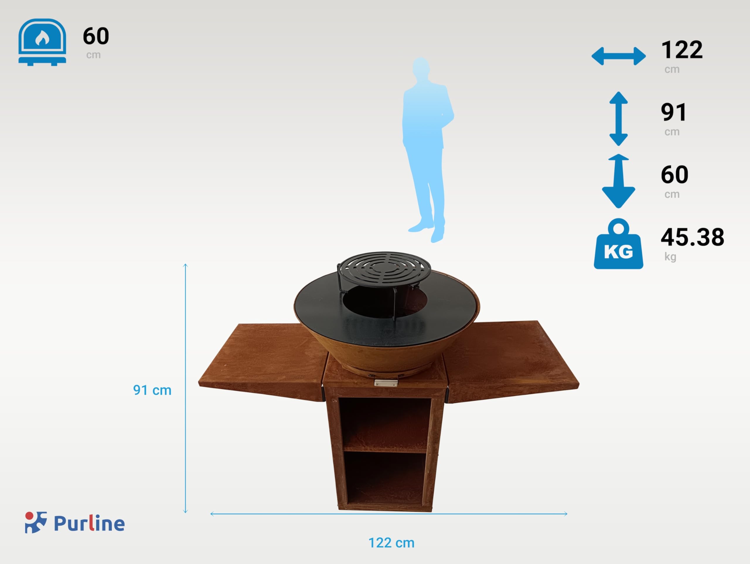 PUR LINE | Barbacoa de carbón, leña o pellets en acero corten con plancha redonda de 60 cm EFP57CO - Parrilla exterior con grill y soporte, barbacoa de acero corten resistente para jardín y terraza