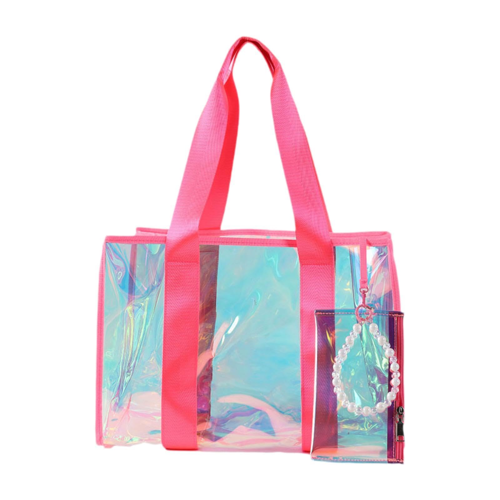 Beach Tote Bag Thick PVC Multipurpose Waterproof Women Handbag for Travel Music Festival Vacation Outdoor Sports Swimming Pink
