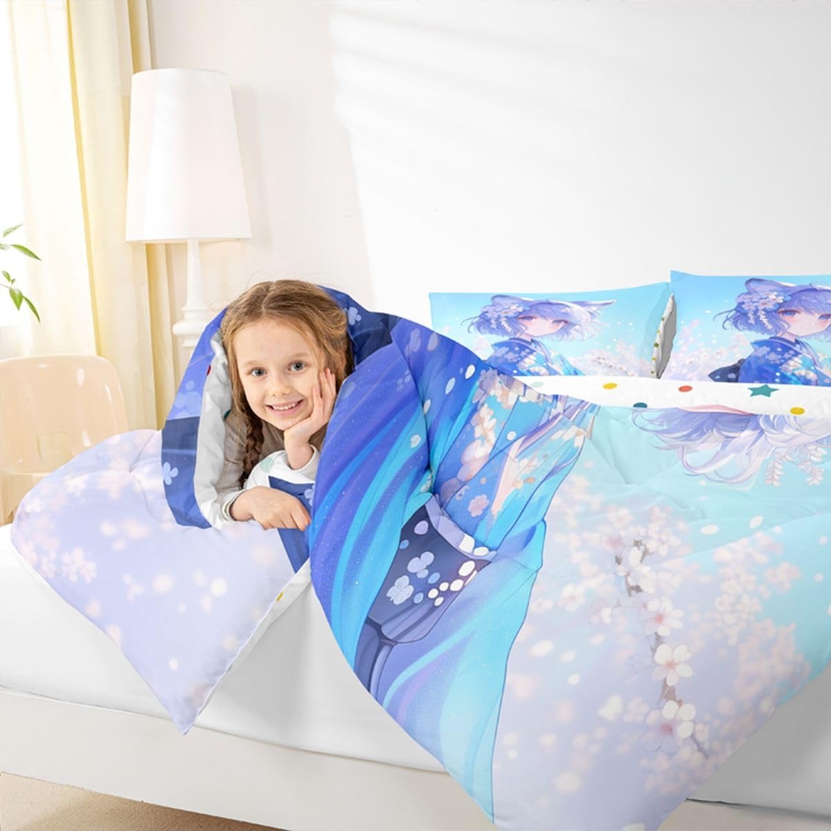 Erosebridal Kawaii Japanese Girl Comforter Set Queen, Anime Gifts Bedding in Kimono Japanese Style Bedding Sets for Room Aesthetic Cool Anime Modern Art Duvet Set for Guys Bedroom Kawaii Room Decor