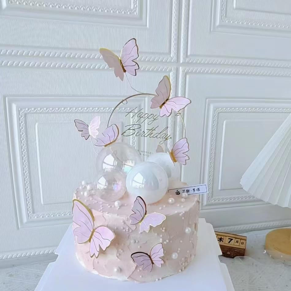 Miniatura 5 de 20 decoraciones de pastel de mariposa con adornos de acrílico dorado de metal dorado para tartas, 10 bolas de burbujas de perlas, decoración de