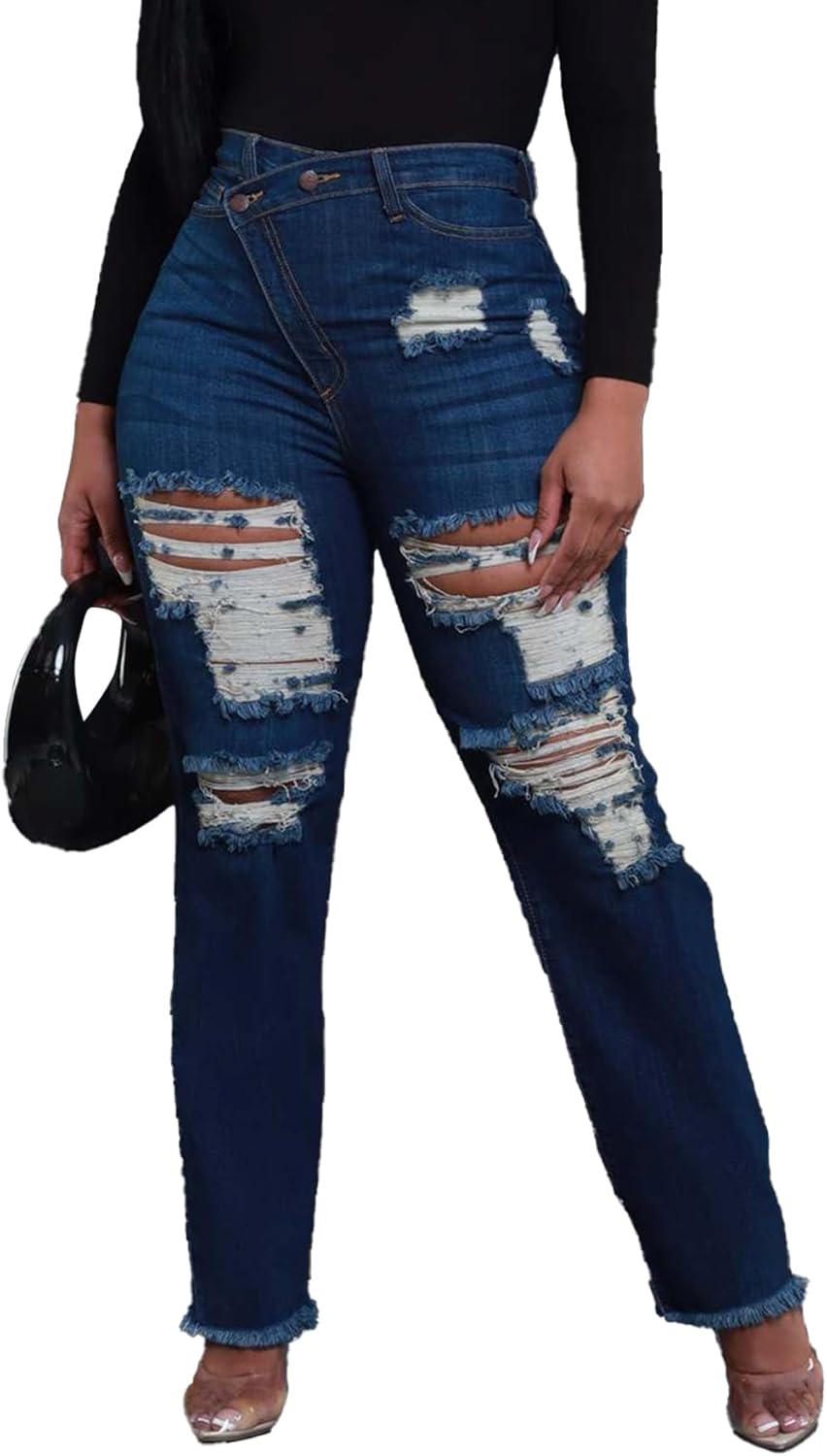 Women's Skinny Ripped Jeans High Waisted Straight Leg Stretchy Distressed Asymmetrical Raw Y2K Denim Pants