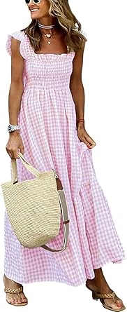 Womens Sleeveless Strap Retro Plaid A-Line Smocked Maxi Long Dress with Ruffled Hem