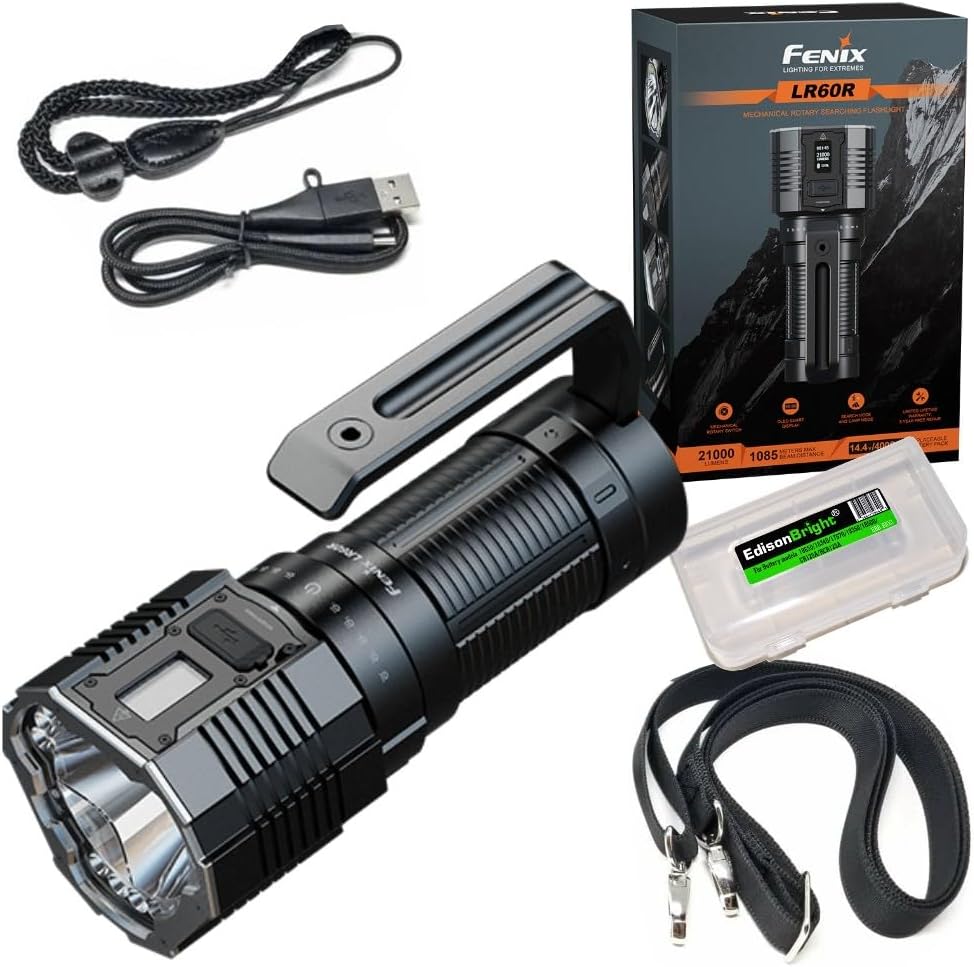 Fenix LR60R 21000 Lumen Super Bright USB-C Fast Charging Rechargeable Long Throw Flashlight with EdisonBright Charging Cable Carrier