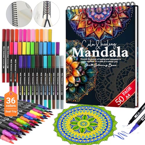 Mandala Coloring Book for Adults: 50 Relaxing Patterns with Spiral Bound Hardcover & 36 Dual-Tip Markers - Mindfulness Arts and Crafts Gift for Women