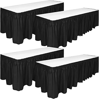 OMISTAR 4 Pcs Black Plastic Table Skirt, 169.3 in Length, 28.7 in Height, Disposable Table Skirting with Adhesive Backing for Parties, Weddings, Banquets, Events