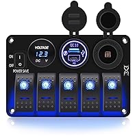 Vista 8 de FXC Interruptor basculante de barco marino impermeable, panel de aluminio de 5 segmentos con ranura USB dual 3.1A + medidor de voltios, luz LED azul