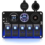 FXC Waterproof Rocker Switch Panel 5 Gang with QC3.0 USB & Type-C Slot Socket + Cigarette Lighter +LED Voltmeter with Power Save for Car Rv Marine Boat Truck(5Gang Blue LED)
