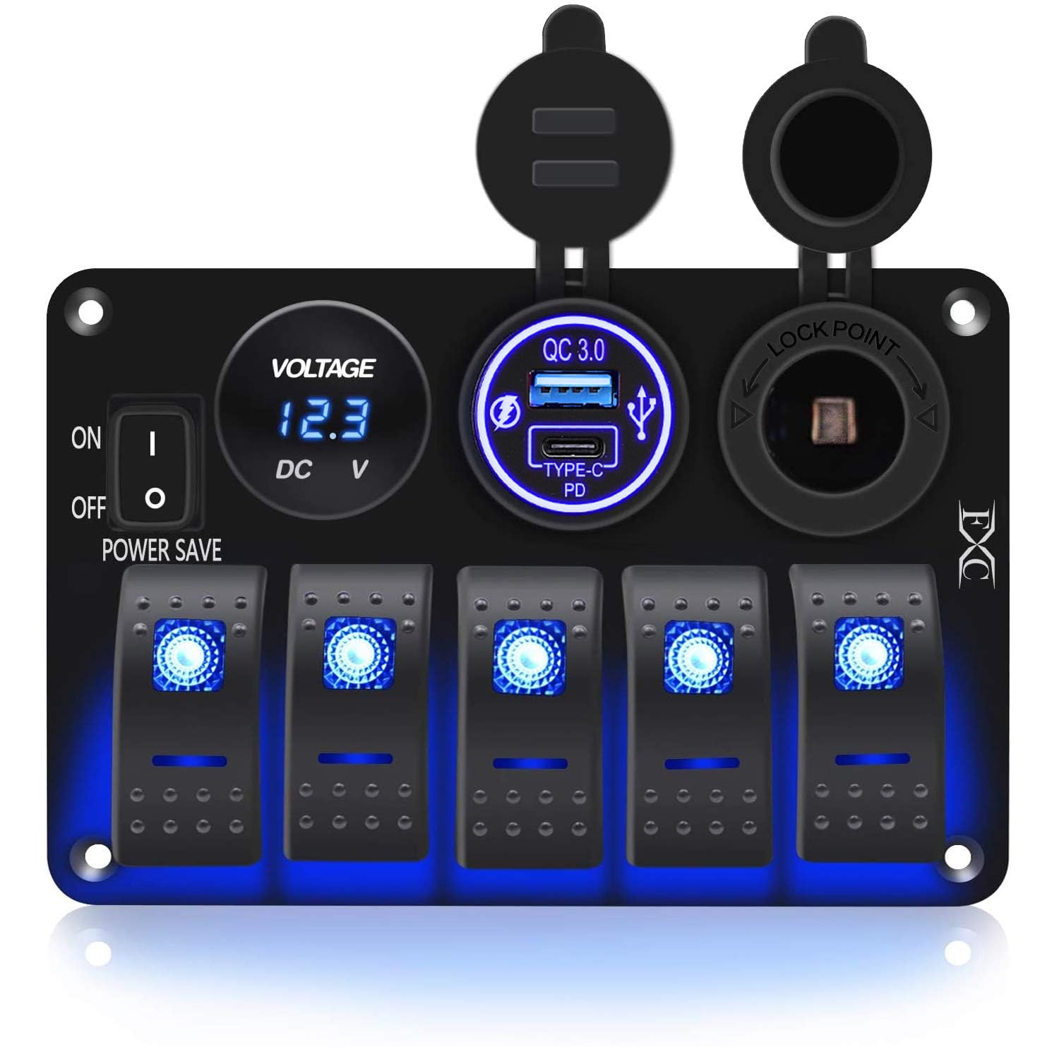 FXC Waterproof Rocker Switch Panel 5 Gang with QC3.0 USB & Type-C Slot Socket + Cigarette Lighter +LED Voltmeter with Power Save for Car Rv Marine Boat Truck(5Gang Blue LED)