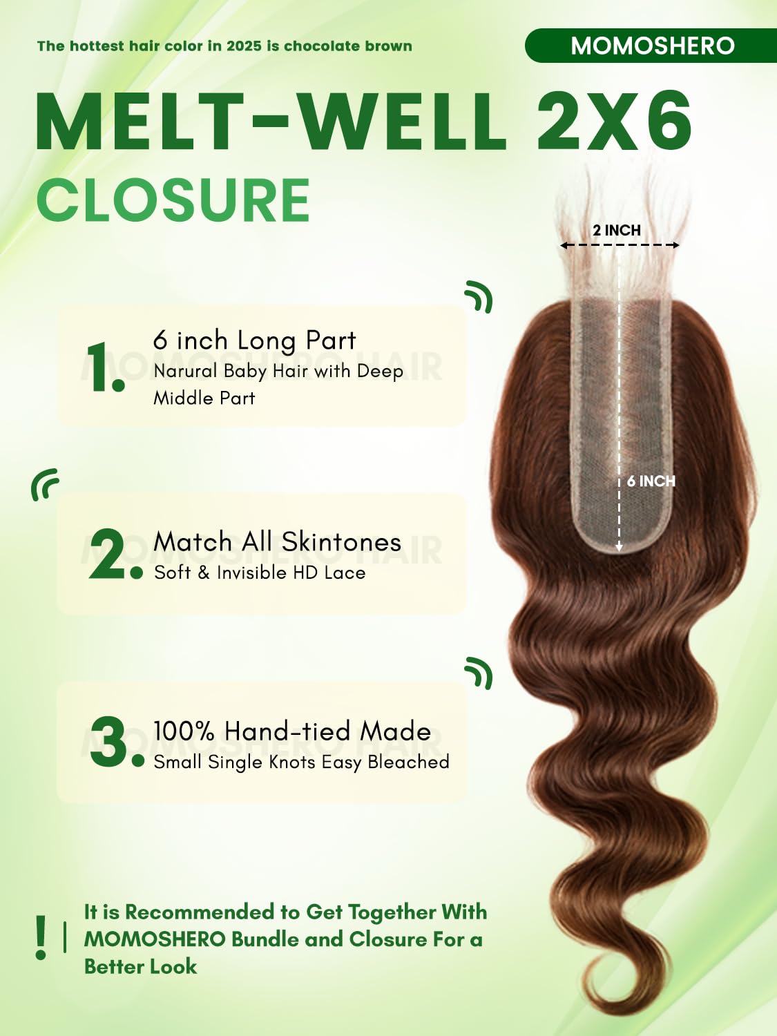 Chocolate Brown 3 Bundles with 2x6 HD Lace Closure Human Hair 14 16 18+14 IN, 12A 100% Soft Glossy Remy Hair Color #4 Dark Brown Bundles with Closure 2 by 6 Long Deep Middle Part Body Wave