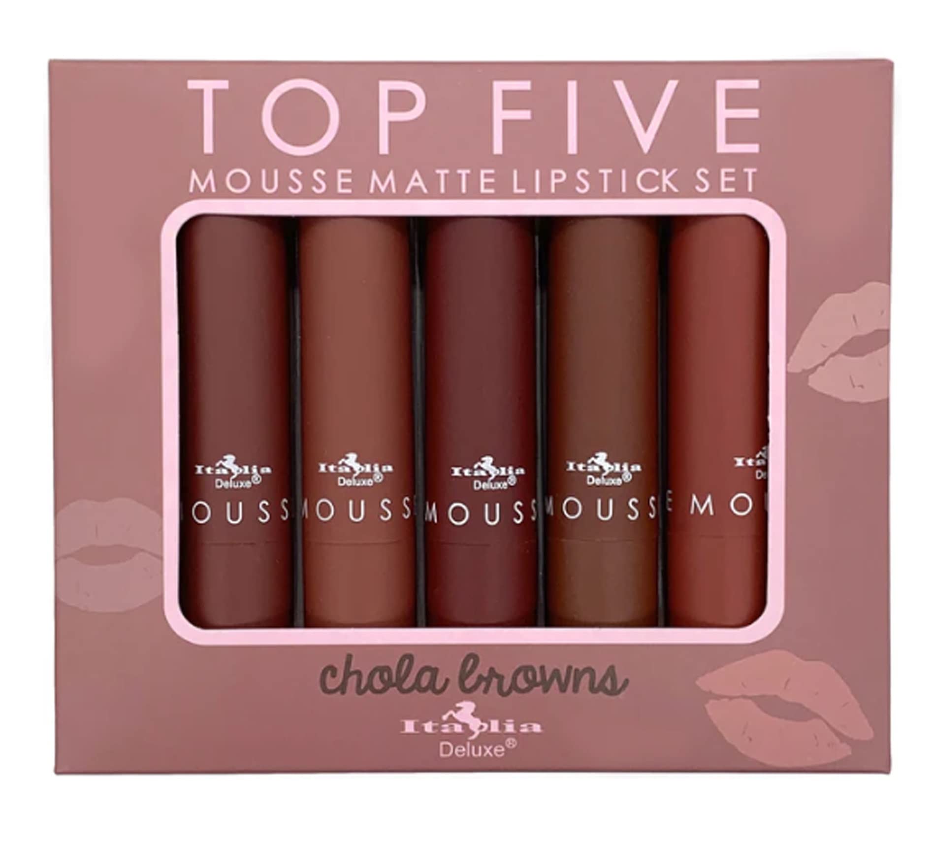 DEALPLUSDEAL Italia Deluxe Top Five Lipstick - Mousse Matte 5 Lipsticks Set Velvety Smooth Long Lasting Color Lip Makeup Chola Browns