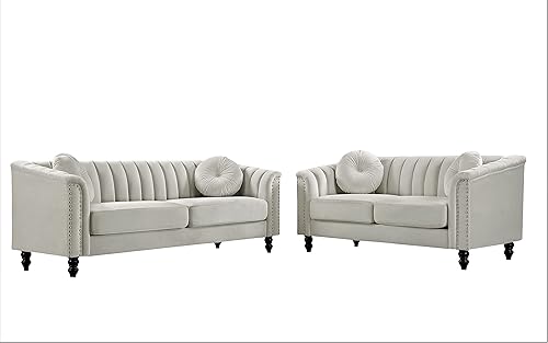 Container Furniture Direct Juego de 2 piezas de sofá de terciopelo copetudo con cojines extraíbles y patas de madera torneadas, elegantes muebles de