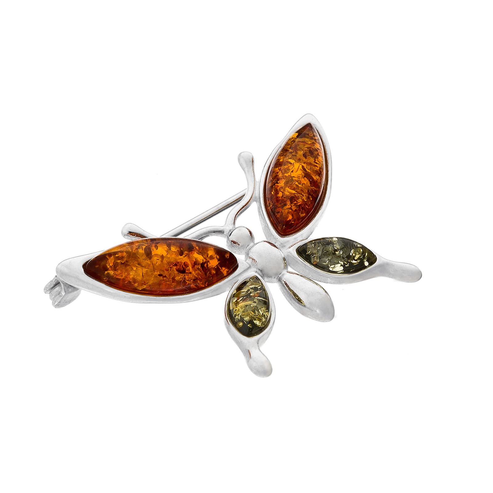 Damen Silber Schmetterling Brosche mit Bernstein, Poliertes Sterling Silber, Baltischer Bernstein in Zwei Farben