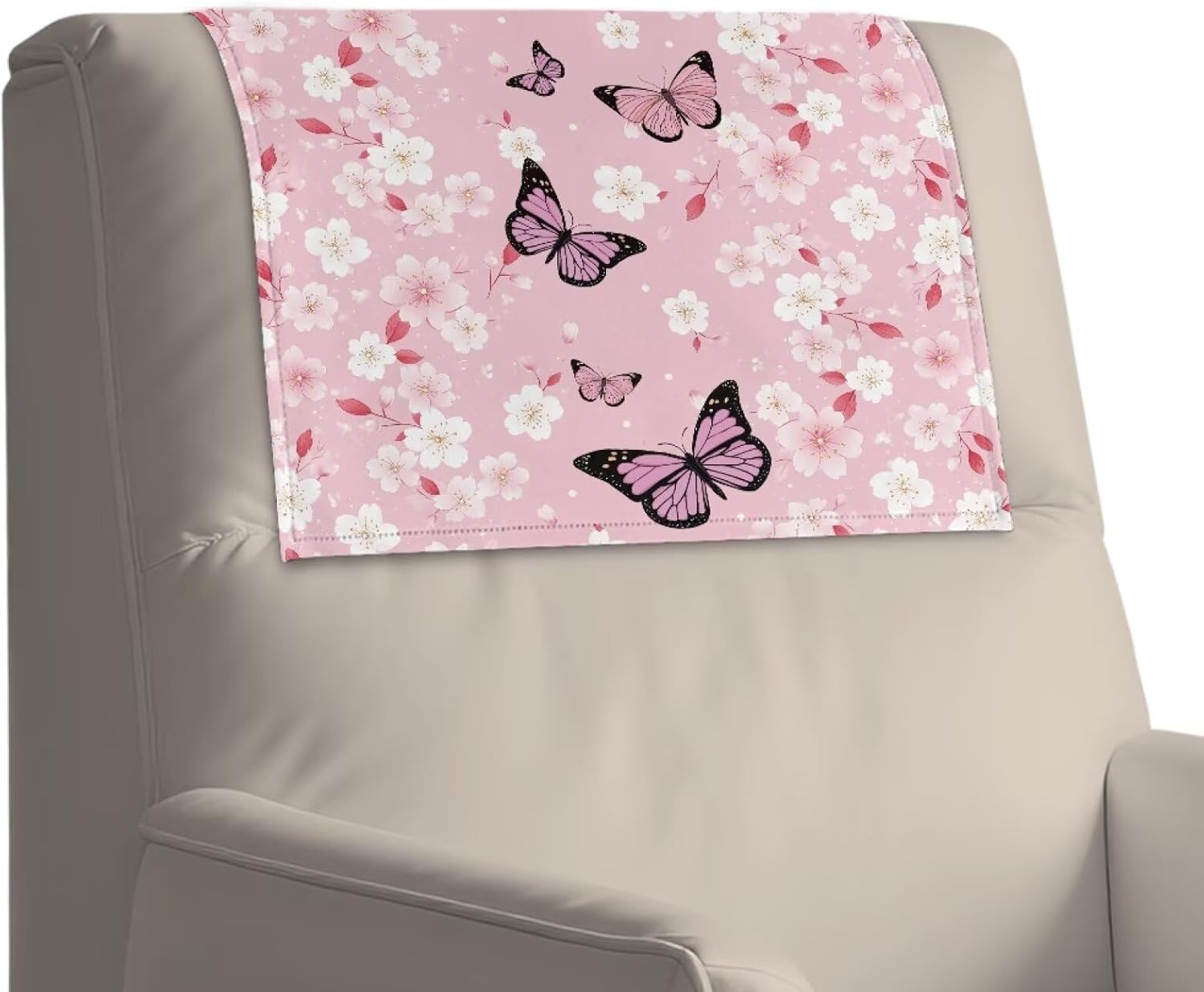 Butterfly Cherry Blossom Pattern PU Leather Headrest Covers for Recliners, Sofa Headrest Covers Waterproof Recliner Protector Leather Cover for Sofa Furniture Head Protector, Set of 2