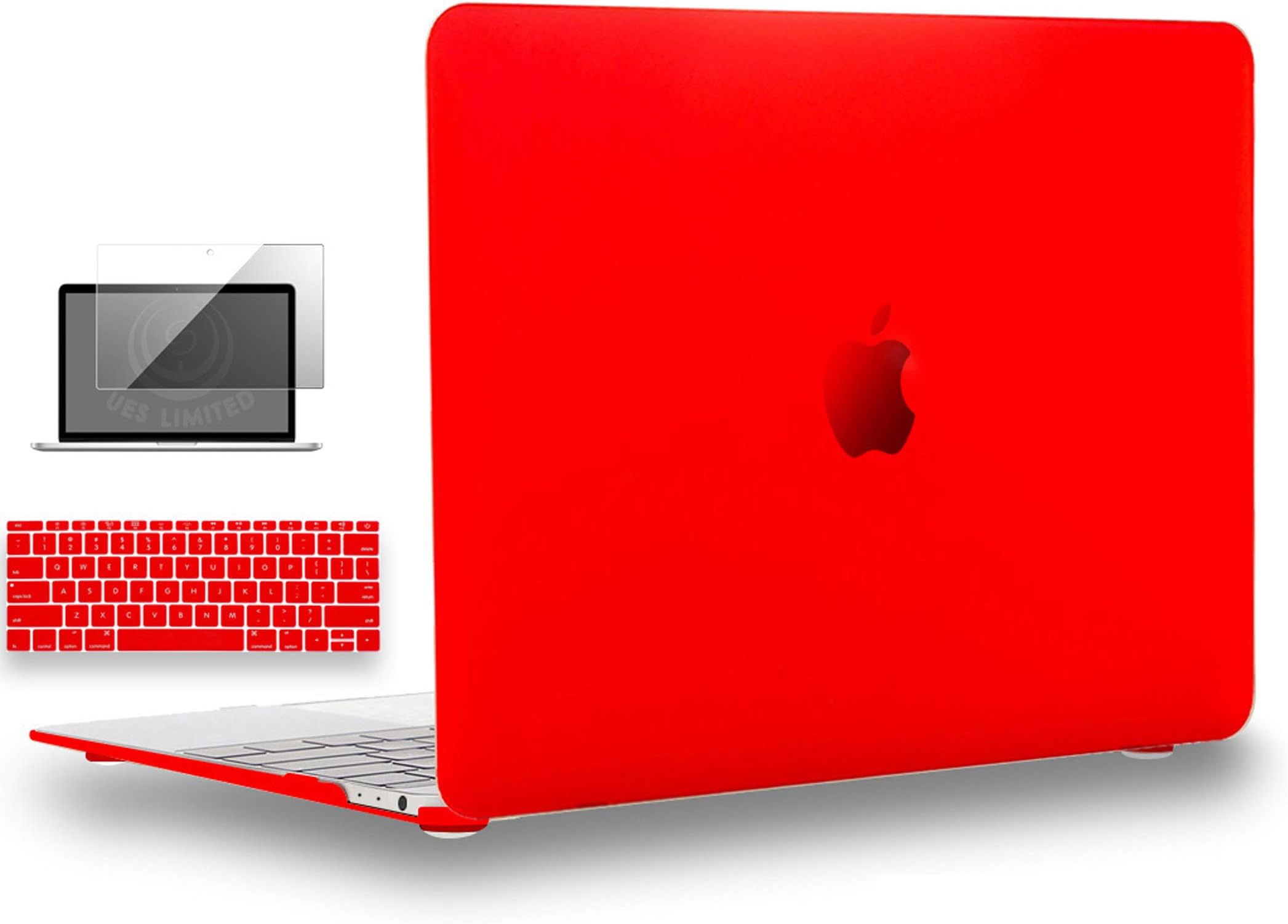 UESWILL 3in1 Matte Hard Shell Case Cover Compatible with MacBook 12 inch with Retina Display Model A1534 + Keyboard Cover and Screen Protector, Red