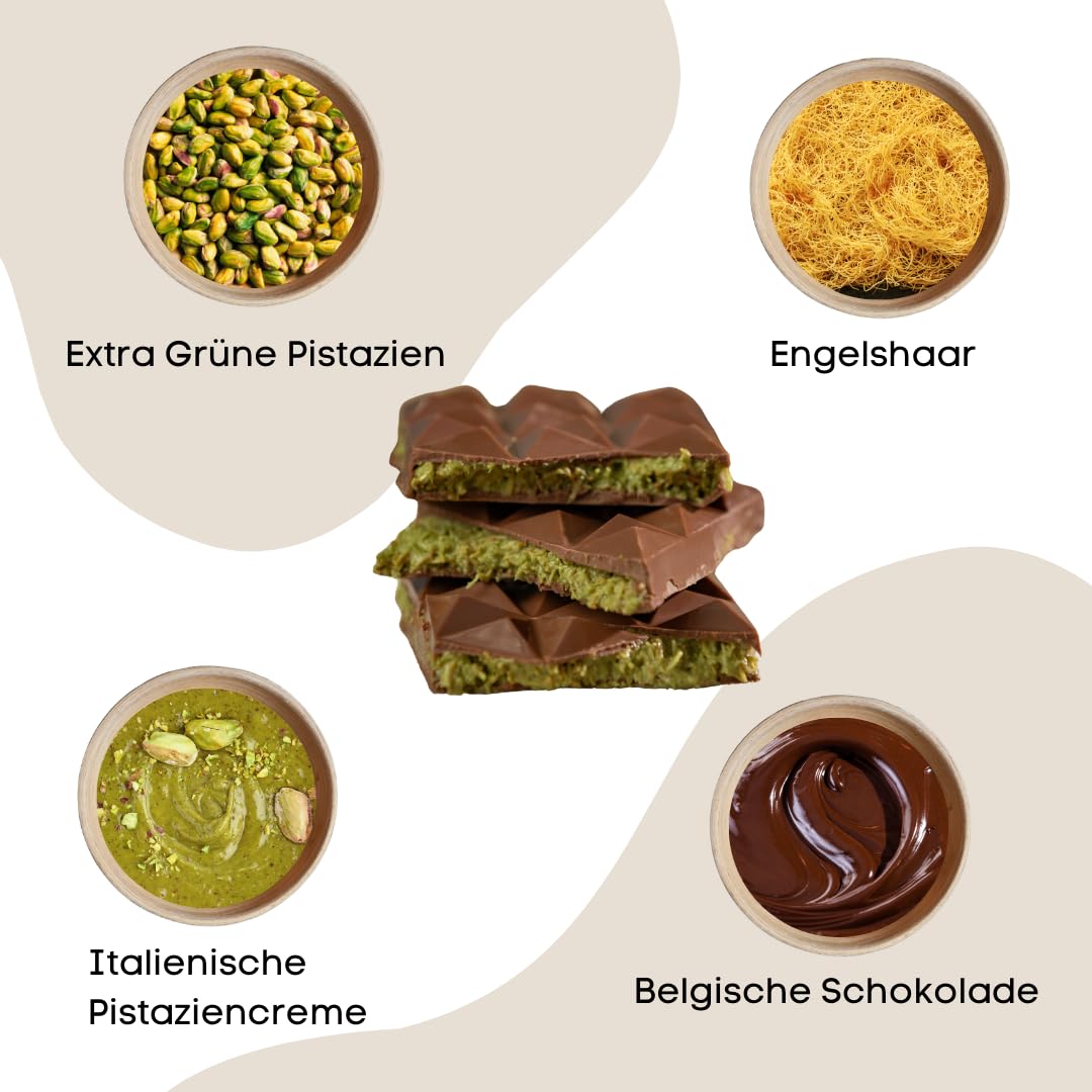 Pure Xocolate DIY Dubai Schokolade Set – Geschenkbox mit belgischer Schokolade, Pistaziencreme & Engelshaar Teigfäden (Kadayif) – inkl. Silikonform – Luxus Schokolade selber machen