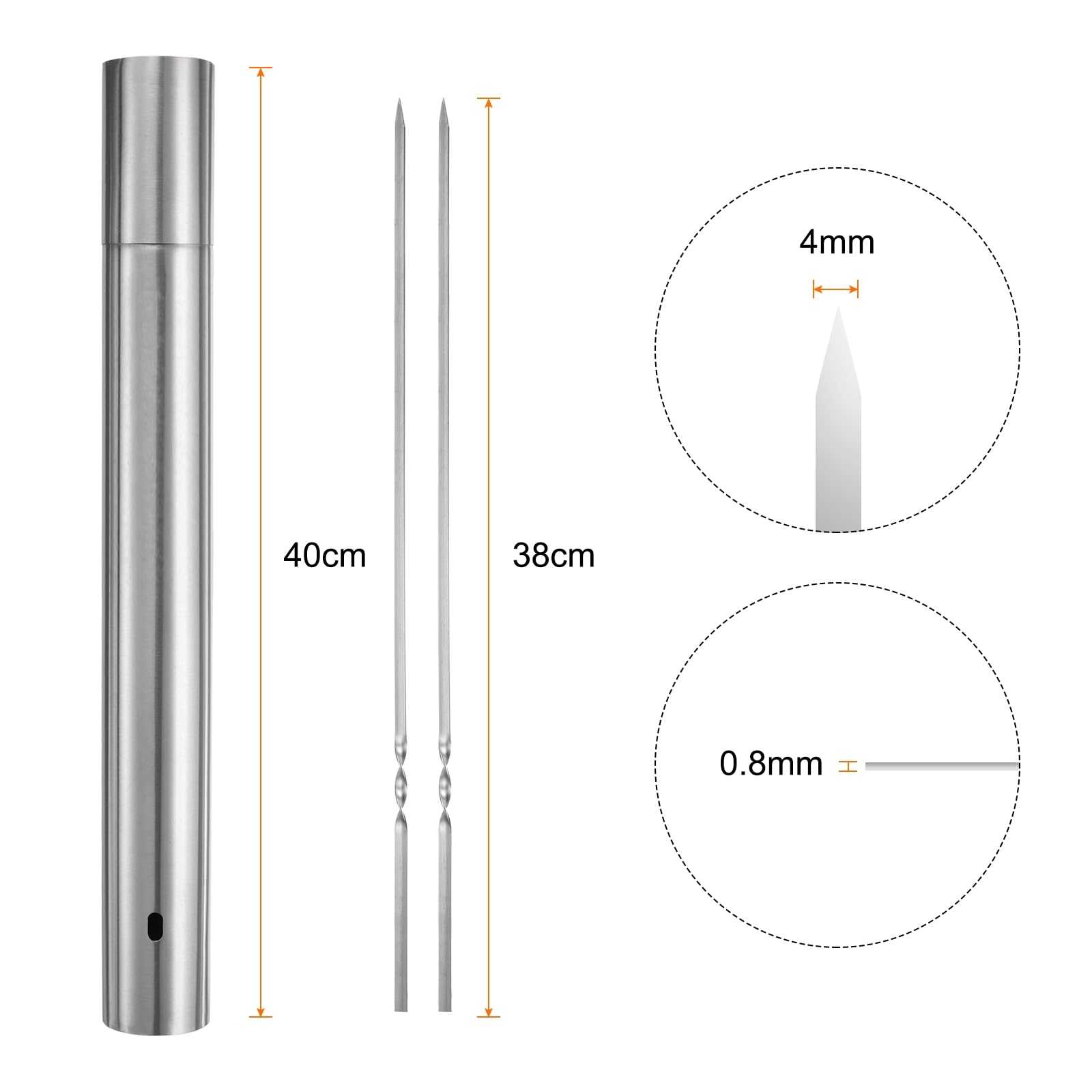 QUARKZMAN 100Pz Spiedini Acciaio 40cm x 5cm Spiedo per Barbecue Kebob Metallo Piatti Acciaio Inox Riutilizzabili Bastone Griglia Arrosticini Aperto Tubo Stoccaggio per Carne Frutta Verdura