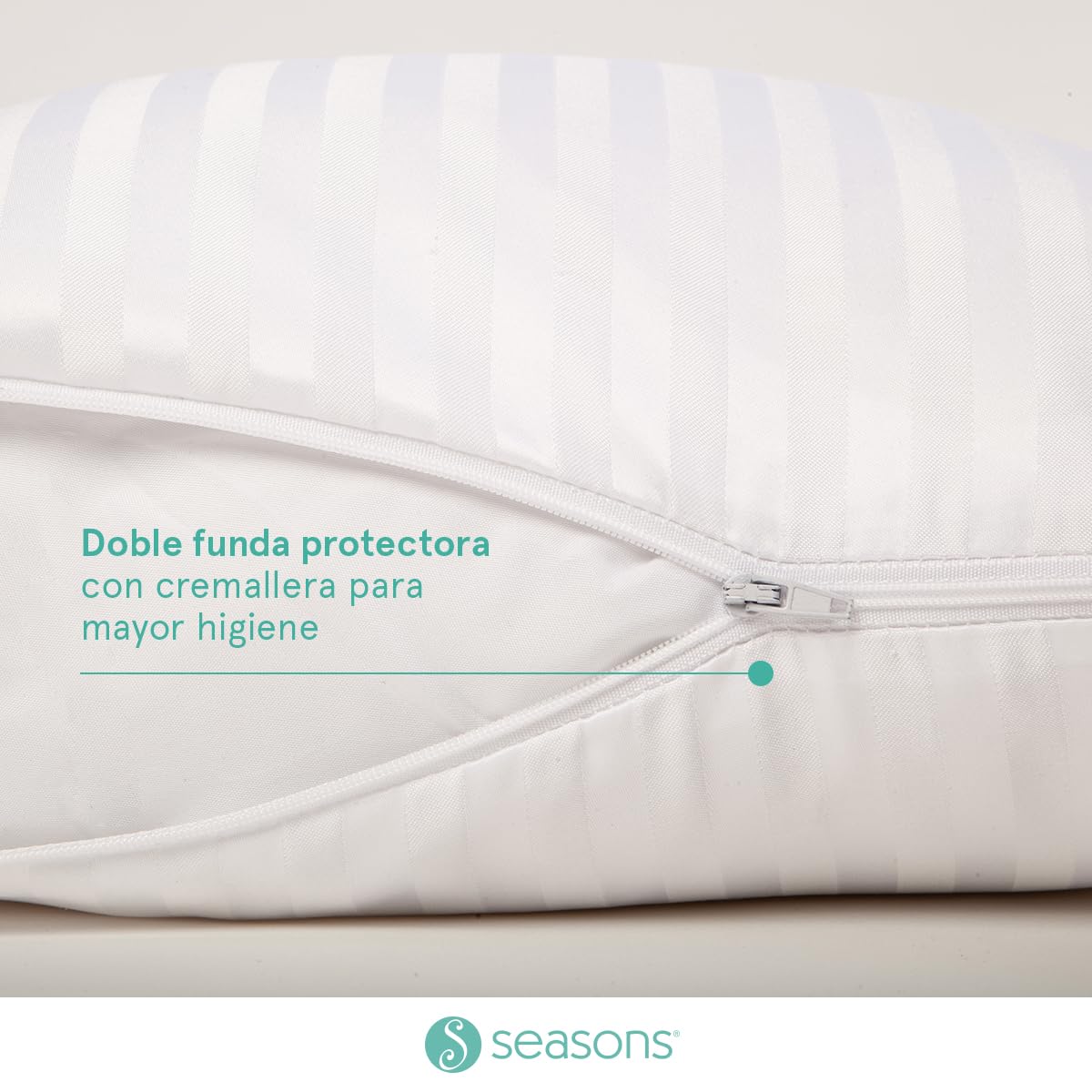 SEASONS - Almohada de Fibra con Tacto Pluma, 150 cm, Antiácaros, Tejido Satén Algodón, Ligera y Transpirable, Doble Funda, Tratamiento con Limpieza de Ozono, Fabricado en España
