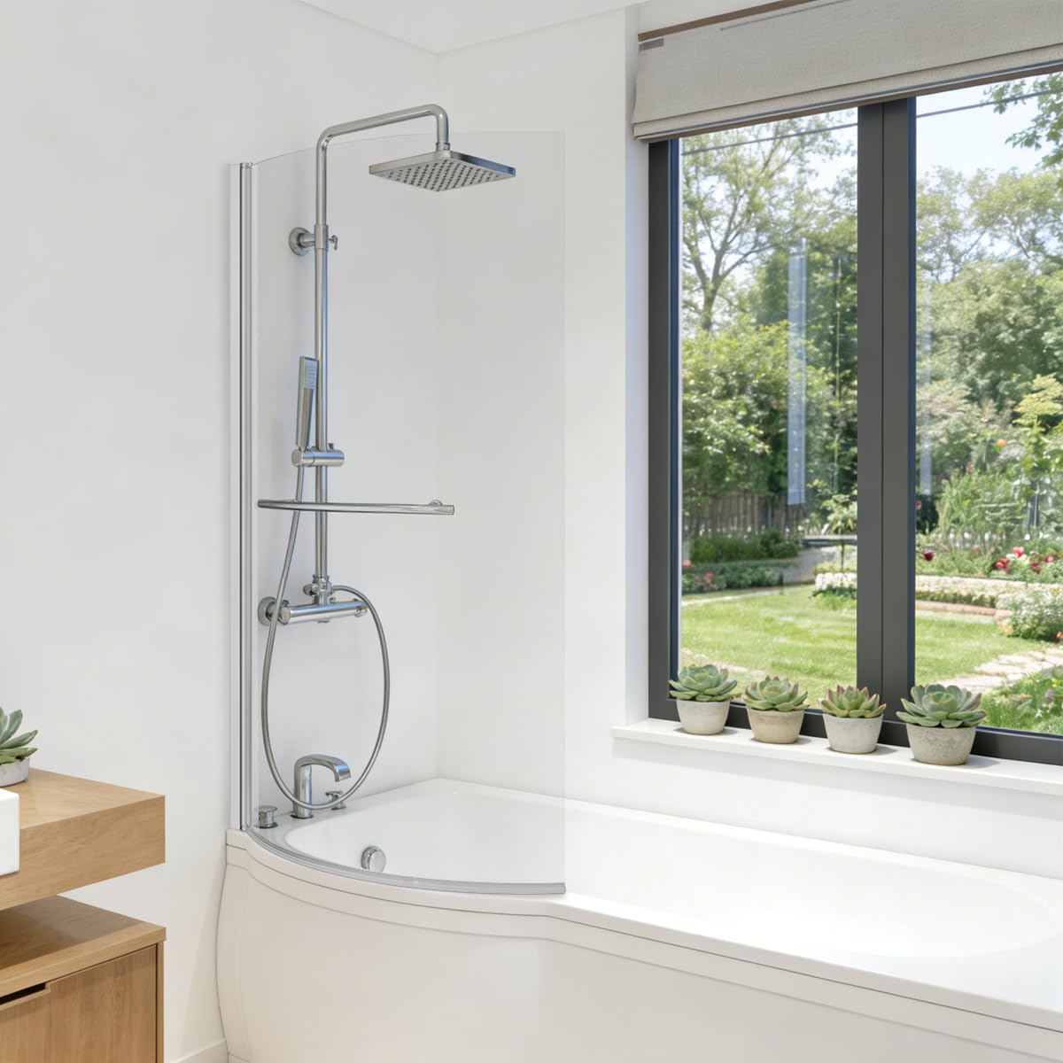 NRG 785x1400mm P Shaped Bath Shower Screen Towel Rail Frameless Chrome