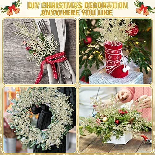 60 Pieces Christmas Floral Picks Artificial Pine Needles Branches Fake Tree Branches Christmas Floral Picks Glitter Fake Floral Twig Picks For Christmas Tree Home Wreaths Holiday Decor (Champagne) #TOP3