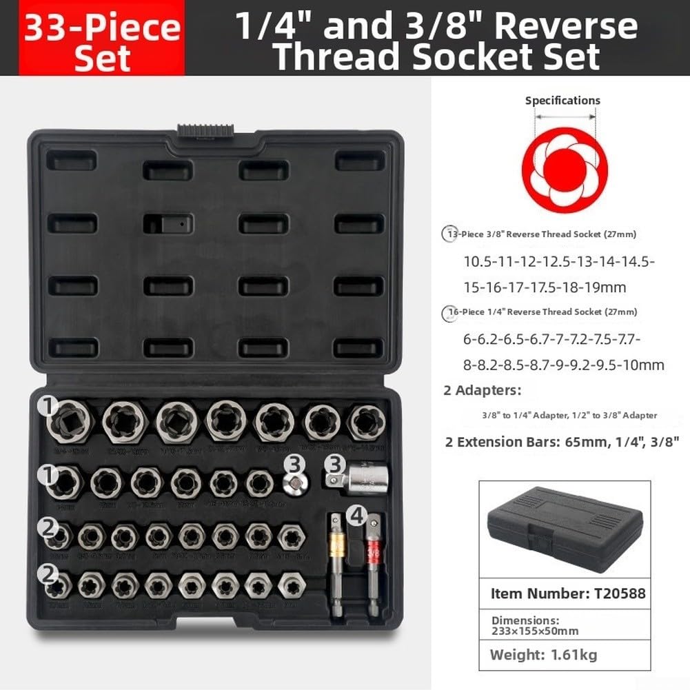 Set di estrattori di bulloni di precisione con bussole a spirale inversa nelle misure 6, 8, 10, 12, 14, 17, 19, 22 e 27 mm, con adattatore per punte da trapano (16 pezzi)