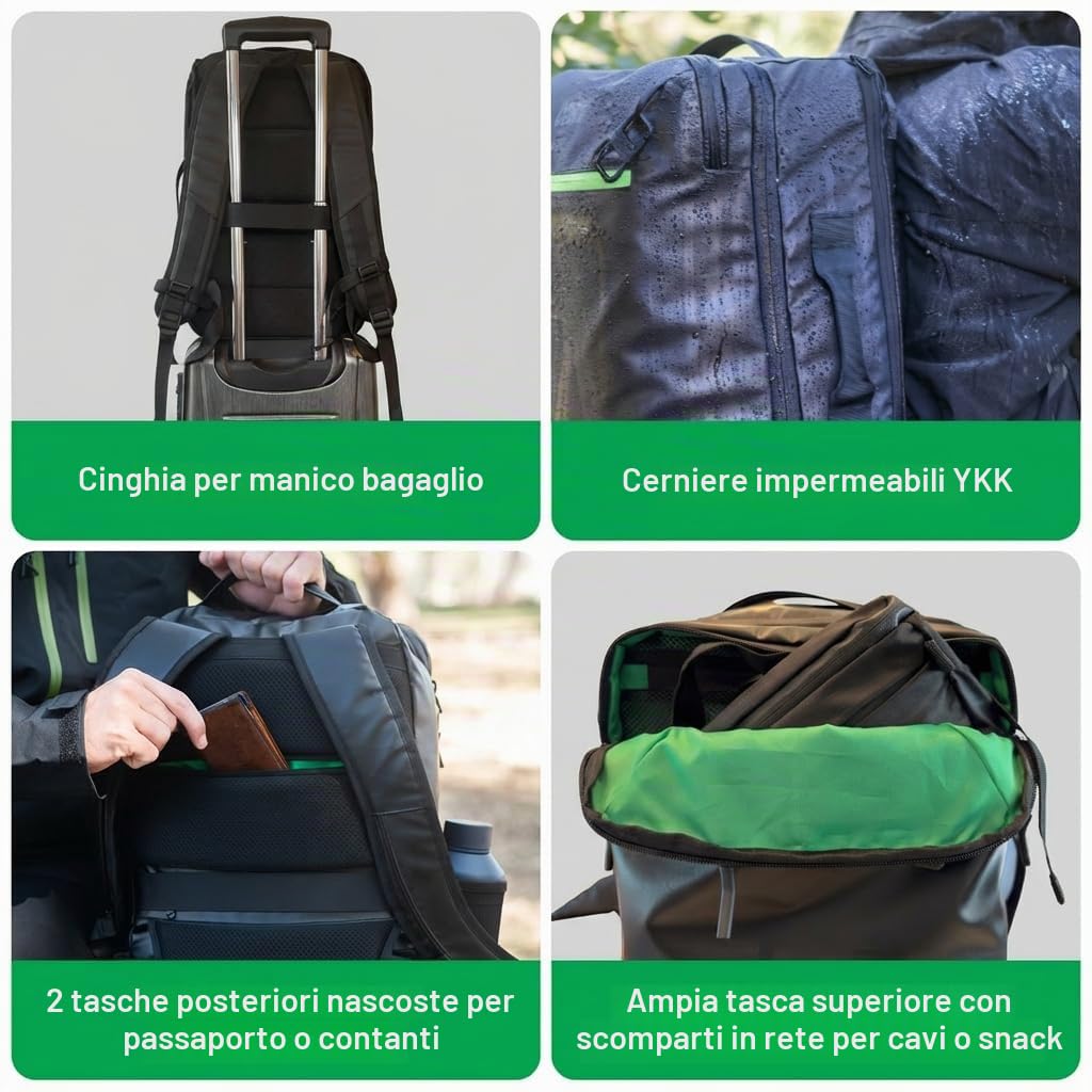 COR Surf Zaino da viaggio per laptop approvato da volo, zaino da viaggio per lavoro e weekender, per uomini e donne, Nero con cerniera nera, 34L, Con cerniera