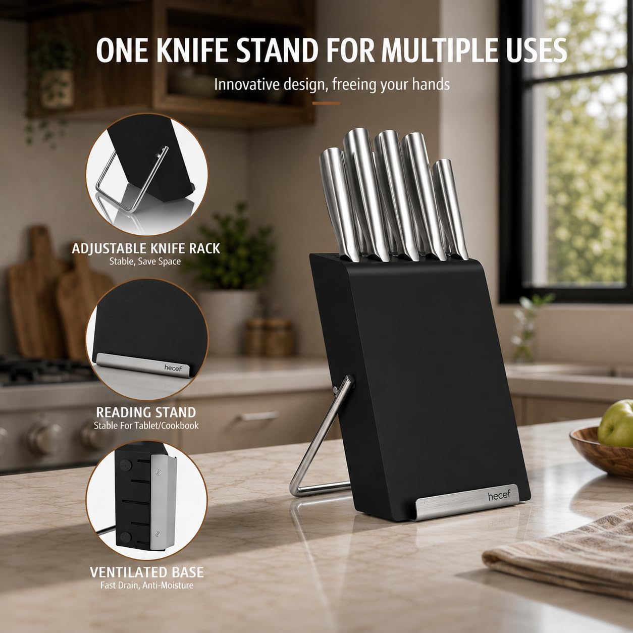 hecef Set Coltelli da Cucina con Ceppo In Legno, 6 Pezzi Coltello da Cucina da Acciaio Inox, Ceppo Coltelli con Mensola per Tagliere, Nero