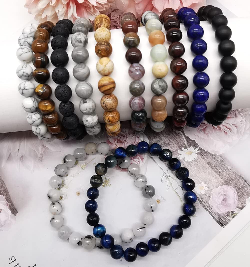 12 Pcs 8mm Gemstones Beaded Bracelets for Men Women Semi-Precious Stone Stretch Round Bead Crystal Bracelets Unisex - Image 7