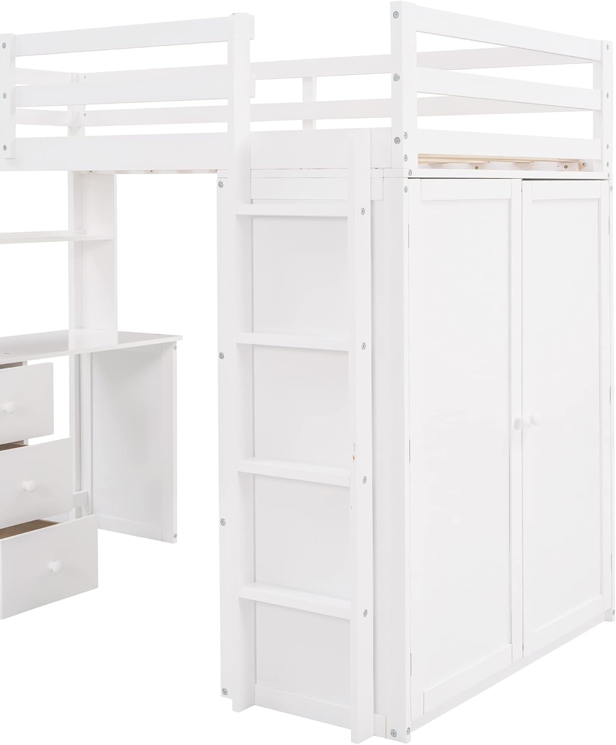 Loft Bed with Desk and Wardrobe Twin Size Loft Beds Frame with Storage Drawers Cabinet Wood All in One Beds for Kids Boys Girls Teens Bedroom Dorm, White